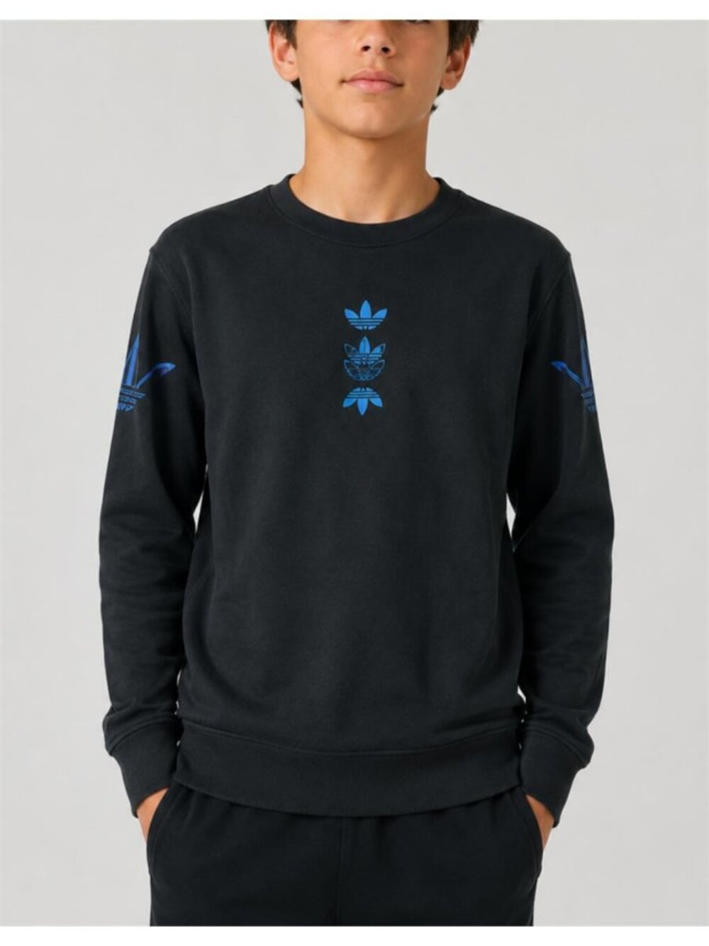 Adidas Originals Big Trefoil Logo Crewneck Sweatshirt Youth M Black Blue Graphic